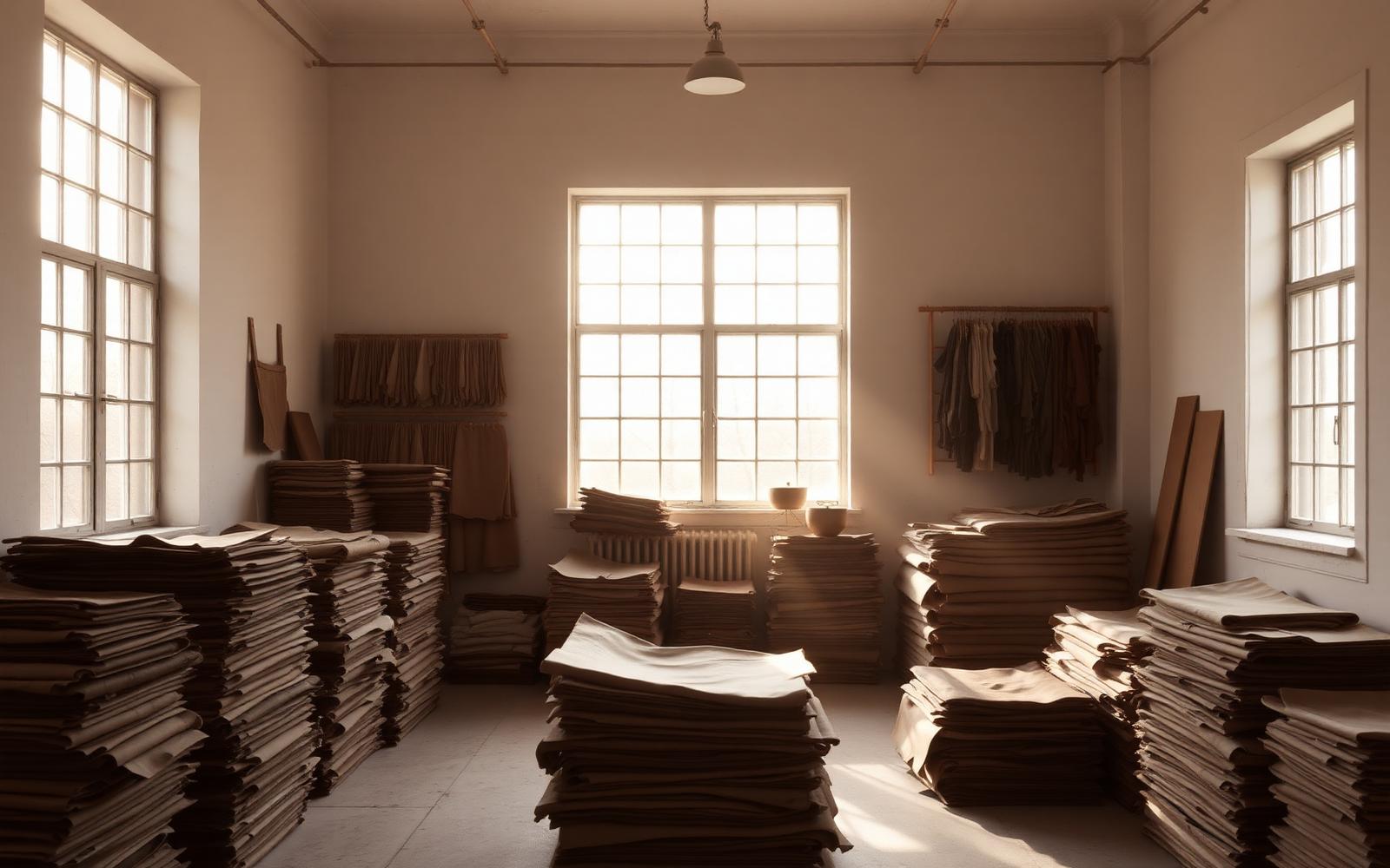 Warm workshop interior with stacks of textiles and leather